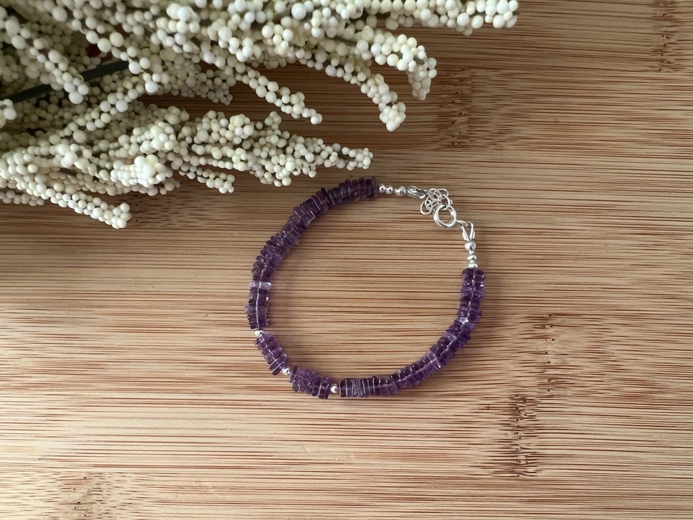 New! Amethyst & Sterling Silver Handmade Bracelet 6 7/8 to 7 7/8 in. – B726