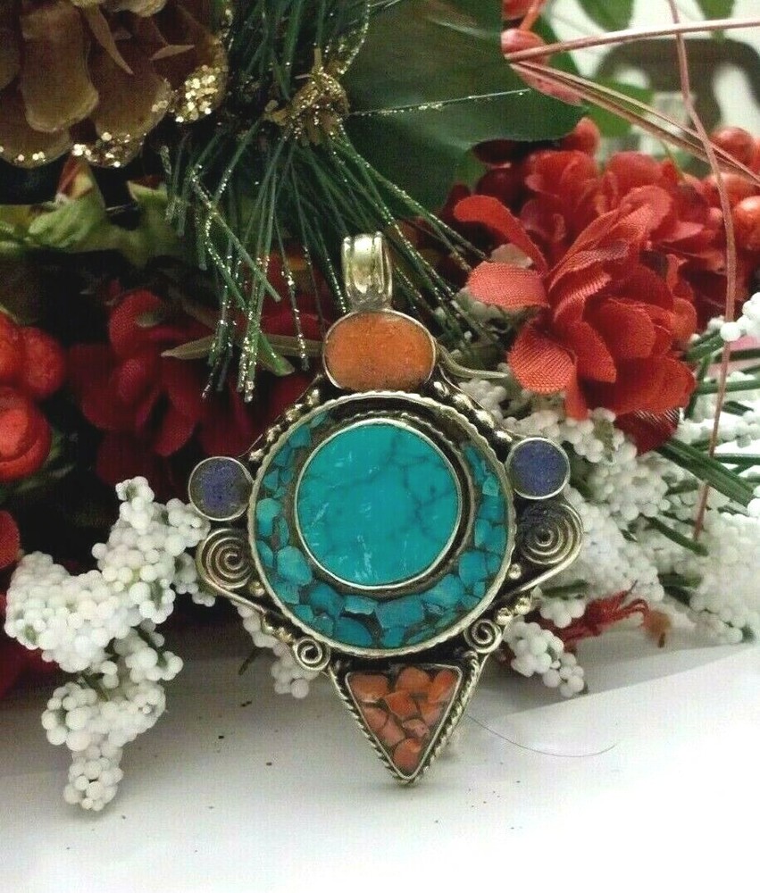 TIBETAN NAPALI TURQUOISE, RED CORAL & LAPIS LAZURI 925 SS PENDANT