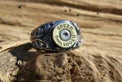 Scroll Design Stainless Steel BULLET Ring -BRASS 9 mm Bullet. Optional Crystal.