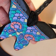 Vtg Handcrafted Glazed Ceramic Butterfly Lariat Necklace Bolo Tie? Signed Cord