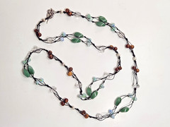 Artisan Bead Necklace Jade Art Glass Crystal Seed Pods Silvertone Blk Cord Boho