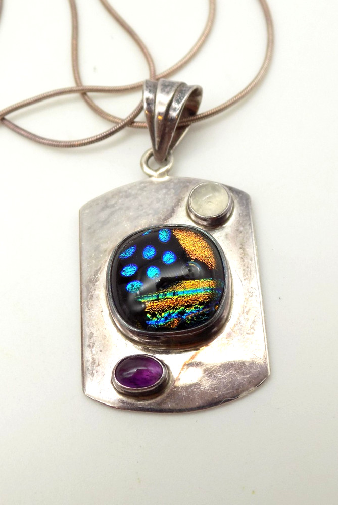 Sterling Silver Dichroic Art Glass Amethyst Moonstone Dog Tag Pendant Necklace