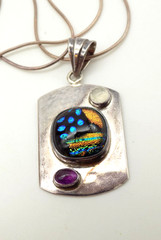 Sterling Silver Dichroic Art Glass Amethyst Moonstone Dog Tag Pendant Necklace