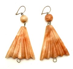 Peach Apricot Calcite Agate Earrings Fan Shape Pierced Hook 2.5” Orange Stone