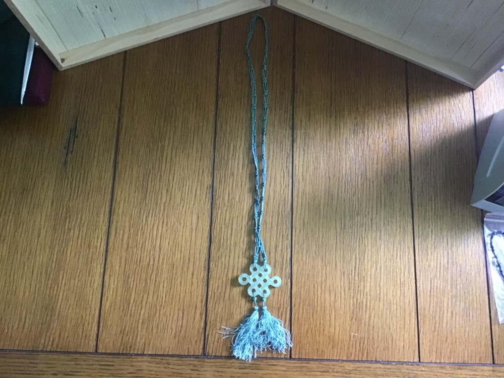Light Green Jade or Nephrite Pendant Necklace with Woven Cord and Tassels
