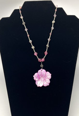 Pink Flower Carved Pendant Collar Size Necklace With Pink Iridescent Beads