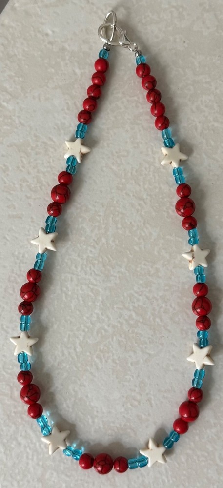 Handmade red stone, white stone star, blue glass beads necklace