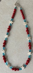 Handmade red stone, white stone star, blue glass beads necklace