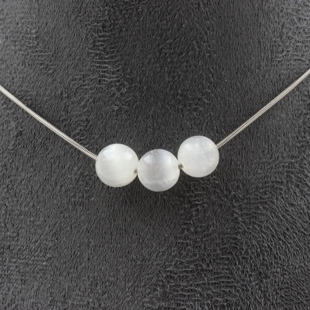 Necklace 3 Beads Selenite from Morocco 0 5/16in Chain Stainless Steel Femm