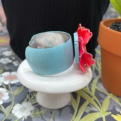 Adorned Crown Jewelry assemblage enamel salmon flower on teal cuff bracelet