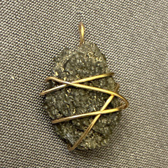 Handcrafted Gold Tone Wire Wrapped Gray Oval Stone Charm Pendant-natural pyrite
