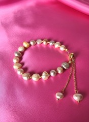 Baroque Pink Pearl Beaded Dangle Charm Bracelet Gold Adjustable Bolo