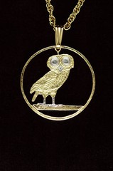 Greece Athena Owl of Wisdom Pendant, Greek Two Draxmai, 7/8″ diam ( # 143 )
