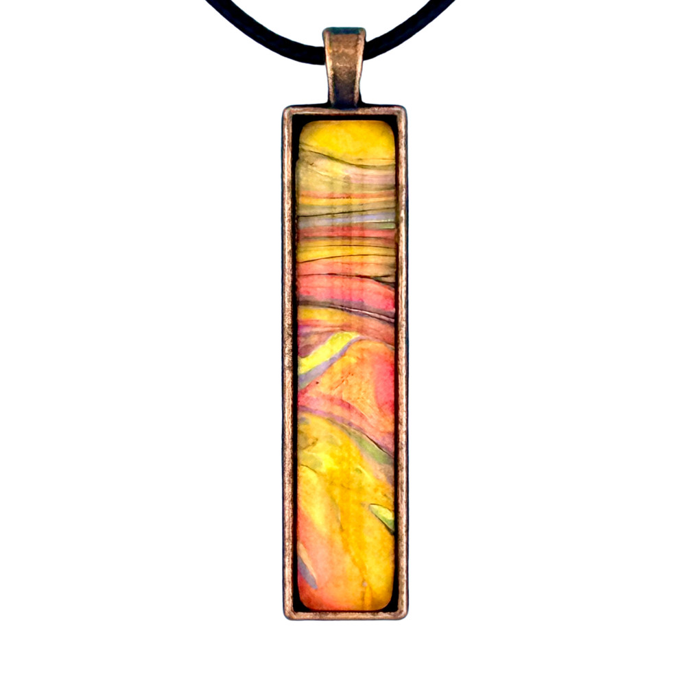Handmade Pendant Necklace «Fiery Flow» Long Copper Bezel Glass Black Cord