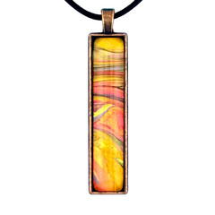 Handmade Pendant Necklace «Fiery Flow» Long Copper Bezel Glass Black Cord