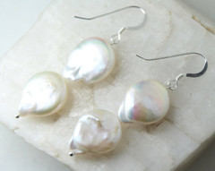 Pearl Earrings White 16mm Coin Pearls Natural 925 Sterling Silver 1 7/8″ Bride
