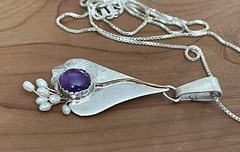 Vtg Designer Sterling 925 Amethyst, Pearl Beads Gold Wire Pendant Necklace 18”in