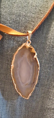 Agate Slice Necklace Natural Brown With Copper & Silver Pendant Leather Cord