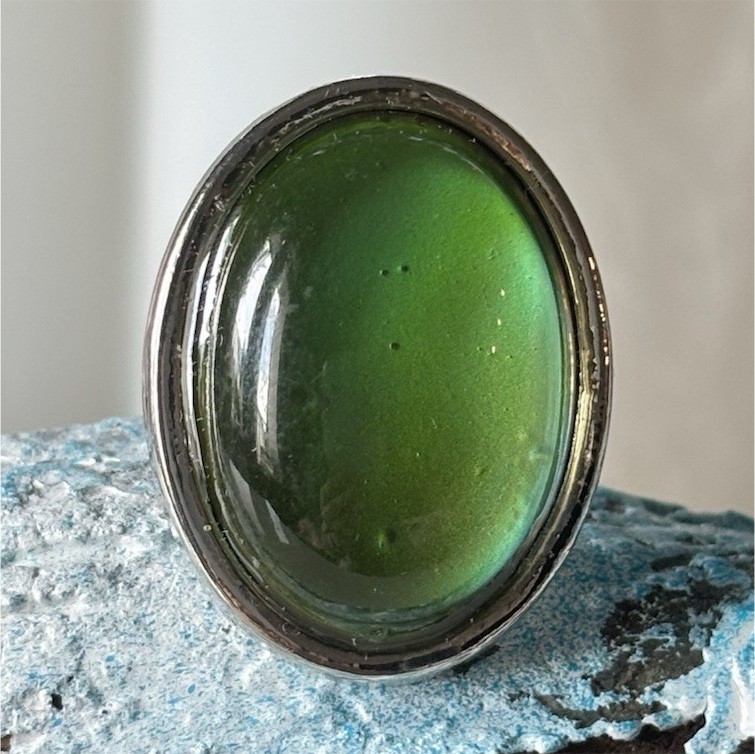Large Oval Mood Ring Stone Cocktail Ring Bezel Set Metal Silver