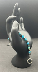 7″ semi-precious striped blue agate and hematite beaded bracelet w/toggle clasp