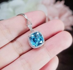 Topaz Necklace – Sterling Silver Cushion Square Large 6 CT Blue Topaz Jewelry