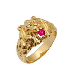 14K Yellow Gold Open Mouth Lion of Judah Ruby & Diamonds Unique Jewish Jewelry