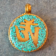 Round Turquoise Inlay Om Symbol Amulet Pendant, Gold Tone Handcrafted