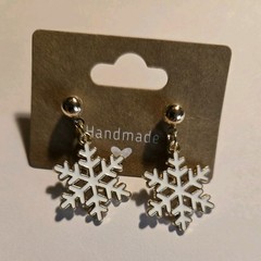 Handcrafted White & Gold Enamel Snowflake Dangle Earrings, Butterfly Back