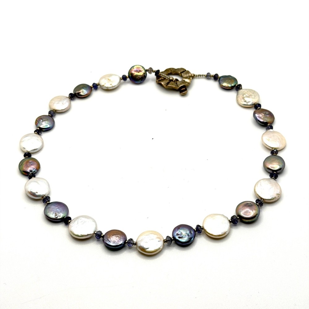 Vintage 90s Genuine Freshwater White Grey Coin Pearl Toggle Statement Necklace