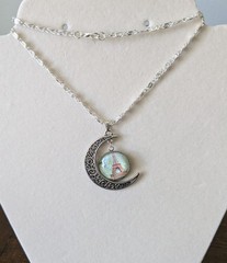 New Silver Crescent Moon Necklace with Eiffel Tower Pendant – Silver/Blue Accent