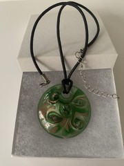 Pendant Green Glass Gold Foil & Necklace Lacing 15-18 In Adjustable Length