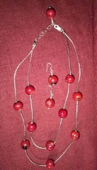 Handmade sterling silver 925 hardware & red coral beaded necklace & earrings set