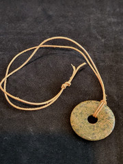 Circle Pendant Necklace Carved & Polished Stone Amulet BOHO Chic 20″ Adjustable
