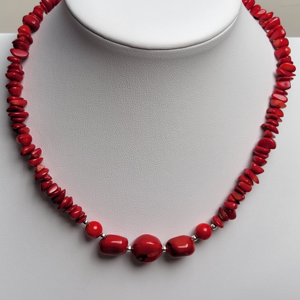 Genuine Red Coral W/925 Sterling Silver. Graduated Coral Beaded Necklace 15-18″