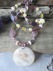 Vintage Jewelry Set, Purple Glass Bead Necklace, MOP Shell Pendant Hoop Earrings