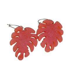 Handmade Resin Monstera Leaf Dangle Earrings Dark Pink Shimmer Tiki VLV Retro