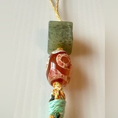 Handmade Green Jade Cube & Orange Dzi Agate Bead Tassel Keychain Purse Pendant