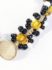 Artisan Black White Tan Glass Bead Woven Cord Bracelet 7 inches