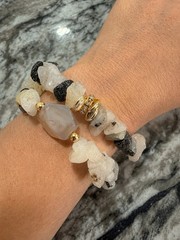 White Quartz Chip & Gray Agate Beaded Stretch Bracelet Gold Spacers Stackable