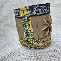 Wide Cuff Bracelet Gold Metallic Fabric Baroque Embellished Handmade OOAK 7-8