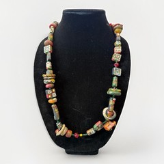 Handmade African Trade Bead Necklace with Toy Bus Accent, 18.25”