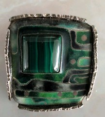 STERLING MALACHITE INLAY MODERNIST BRUTALIST CIRCUIT BOARD SIGNED EARRINGS-L@@K