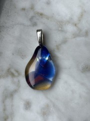 Artisan Fused Glass Pendant With Blues Gold Amber And Silver Bail