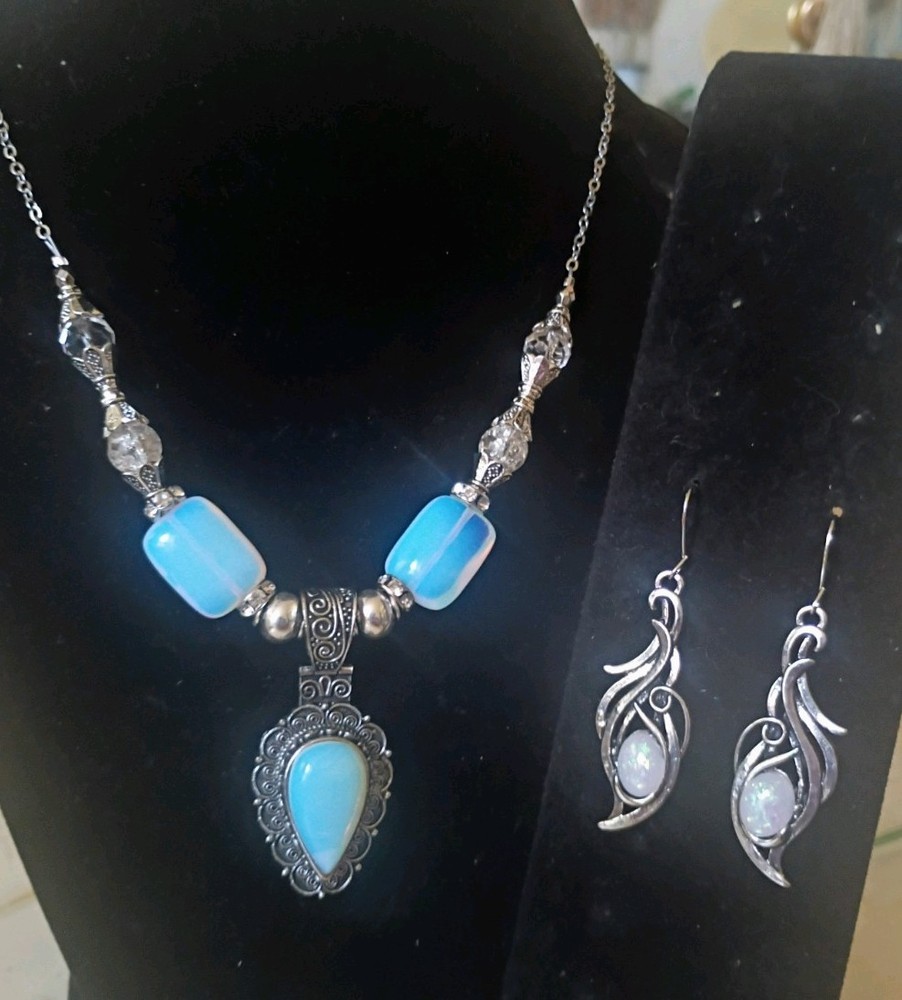 Moonstone Pear Shaped Antiqued Silver Pendant Necklace Opal Silver Earrings