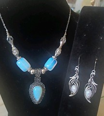 Moonstone Pear Shaped Antiqued Silver Pendant Necklace Opal Silver Earrings