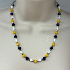 Handmade Beaded Necklace Bracelet Set Yellow White Navy Blue Glass Beads Silver