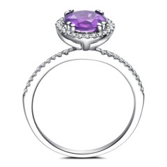 Solid 10K White Gold Amethyst & Diamonds Round 6.5mm Gemstone Ladys Ring