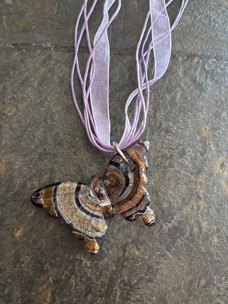 Art Glass Butterfly Pendant With Purple Cord & Ribbon Chain
