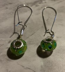 European Green Glass Watercolor Bead Earrings Silver Plated Dangle 2-1/2” Long