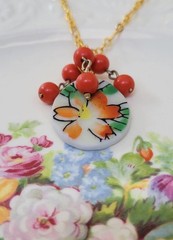 Broken China Orange Flower Beaded Pendant Necklace